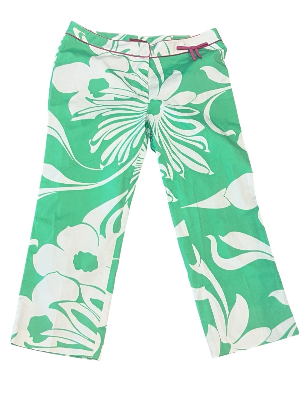 Tibi Green White Graphic Floral Capri Pants Pink Bow Size 6